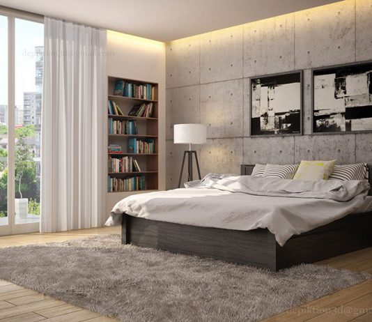 Kamar Tidur Dengan Dekorasi Dinding Beton Alami
